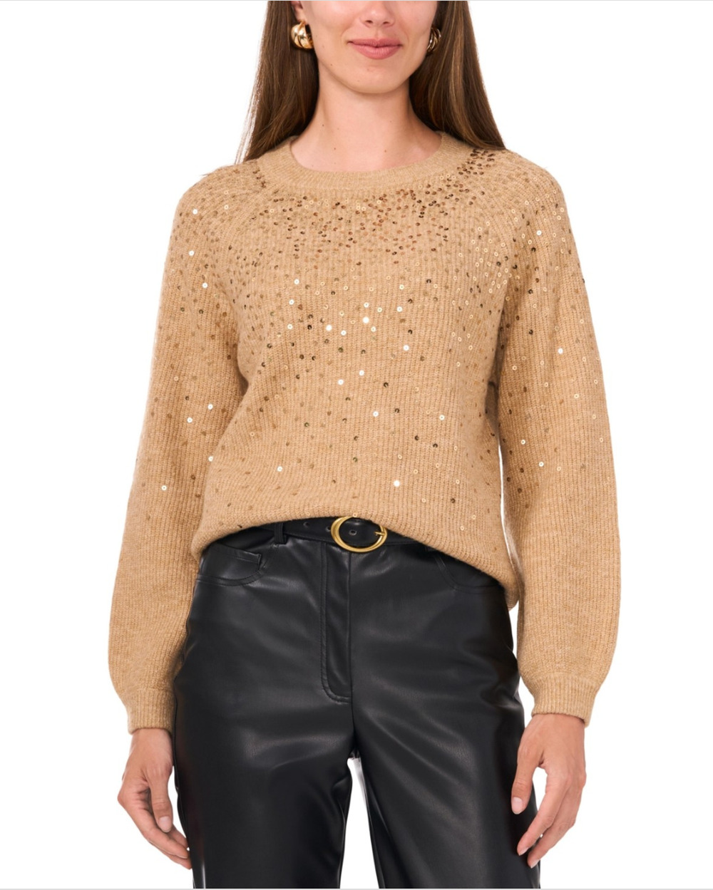 Vince Camuto Women Sequined Raglan Sleeve Sweater Latte Heather Size L